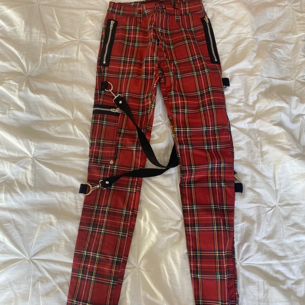 tripp nyc chaos bondage red plaid pants